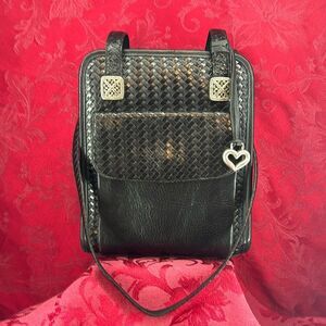 Vintage Brighton Black Leather Crossbody Messenger Bag Braided Pattern‎